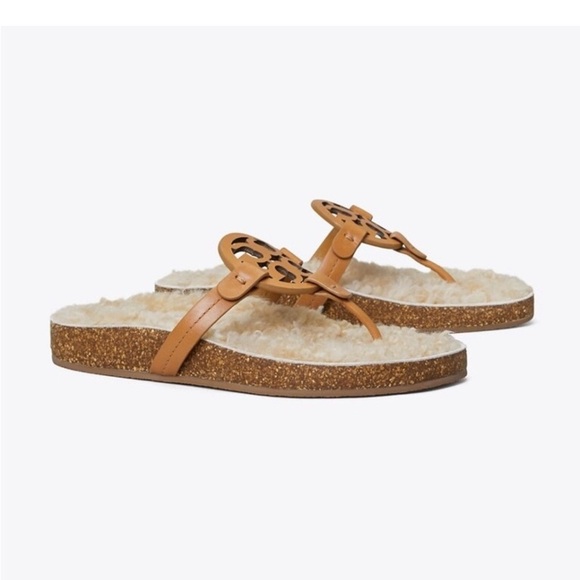 Tory Burch Miller Brown Thong  Cloud Sandals Shearling Lined Size 8 New - Picture 1 of 8